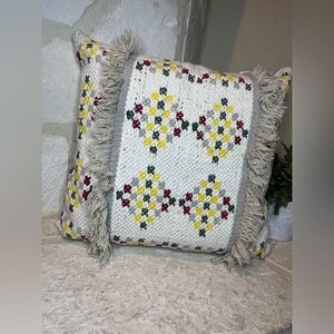 Textured Heavy Cotton Tribal Southwest boho  Shag accent Pillow Ivory 18”